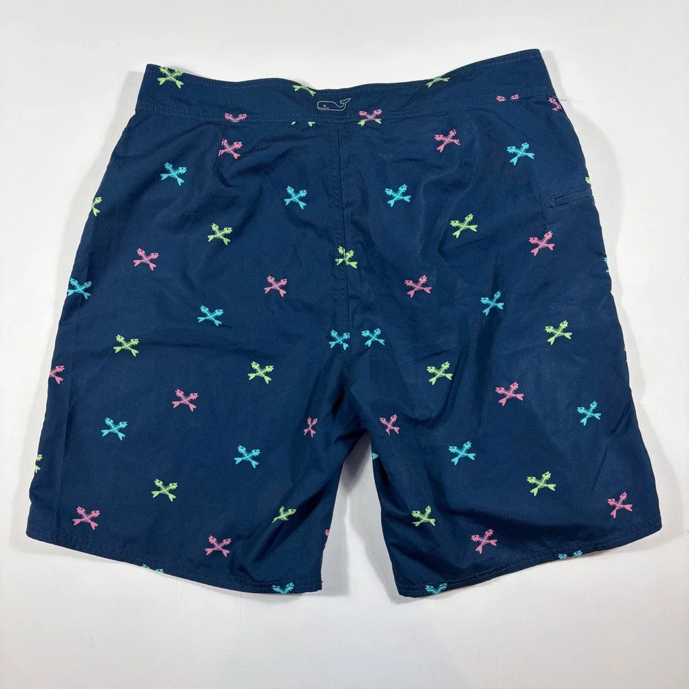 Vineyard Vines Board Shorts Mens 36 Neon Fish Bone Print Navy Blue AOP